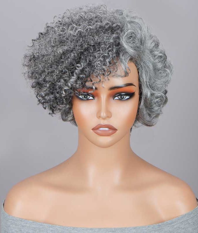 Seniors Short 2-in-1 Curly Silver Layered Pixie Cut Wig �C Salt And Pepper Human Hair No-Lace Glueless Wig for Women
