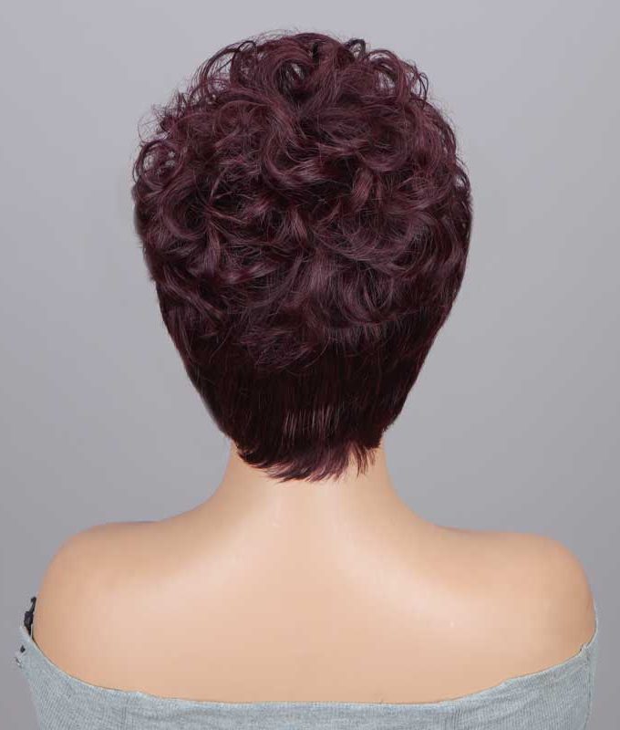 #99J Dark Burgundy Layered Pixie Cut Wig Short Loose Curly Human Hair No-Lace Glueless Wigs