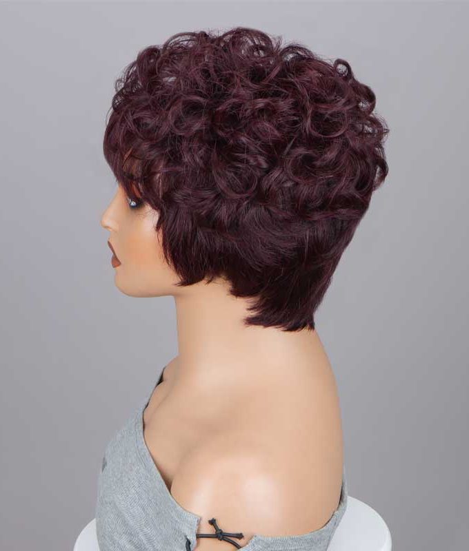 #99J Dark Burgundy Layered Pixie Cut Wig Short Loose Curly Human Hair No-Lace Glueless Wigs