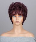 #99J Dark Burgundy Layered Pixie Cut Wig Short Loose Curly Human Hair No-Lace Glueless Wigs