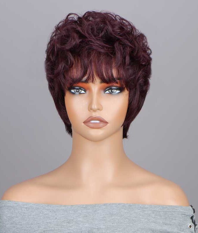 #99J Dark Burgundy Layered Pixie Cut Wig Short Loose Curly Human Hair No-Lace Glueless Wigs