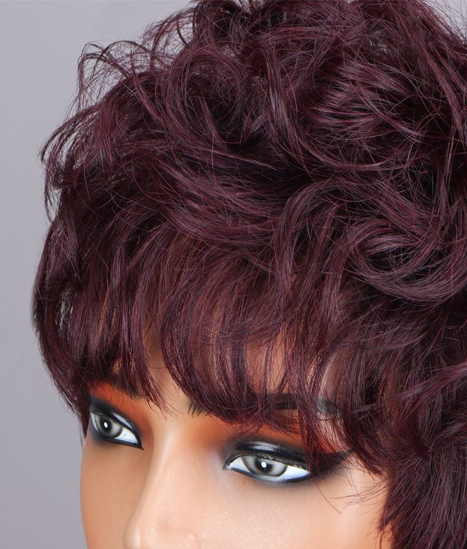 #99J Dark Burgundy Layered Pixie Cut Wig Short Loose Curly Human Hair No-Lace Glueless Wigs