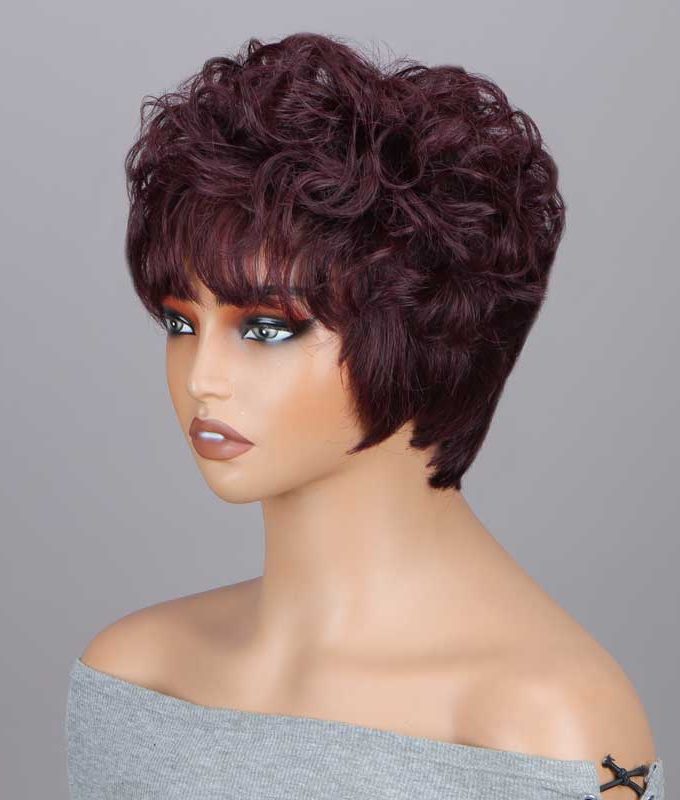 #99J Dark Burgundy Layered Pixie Cut Wig Short Loose Curly Human Hair No-Lace Glueless Wigs