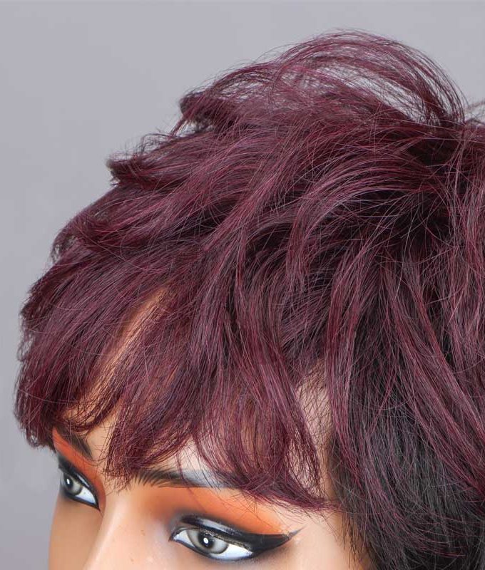 Black And Burgundy Short Natural Wave Layered Pixie Cut Wig No-Lace Human Hair Glueless Wigs