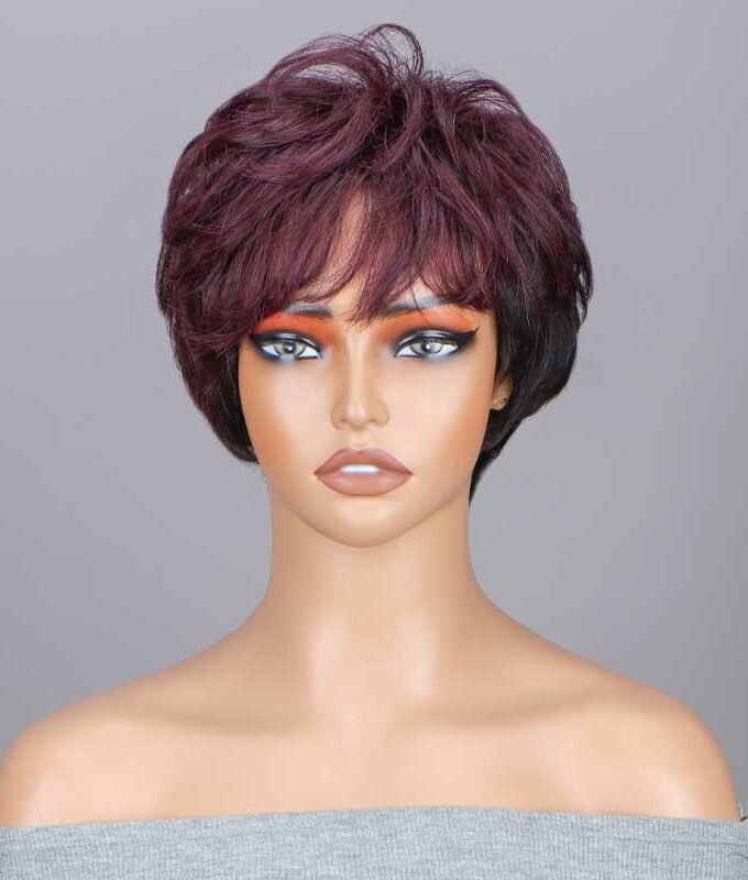 Black And Burgundy Short Natural Wave Layered Pixie Cut Wig No-Lace Human Hair Glueless Wigs
