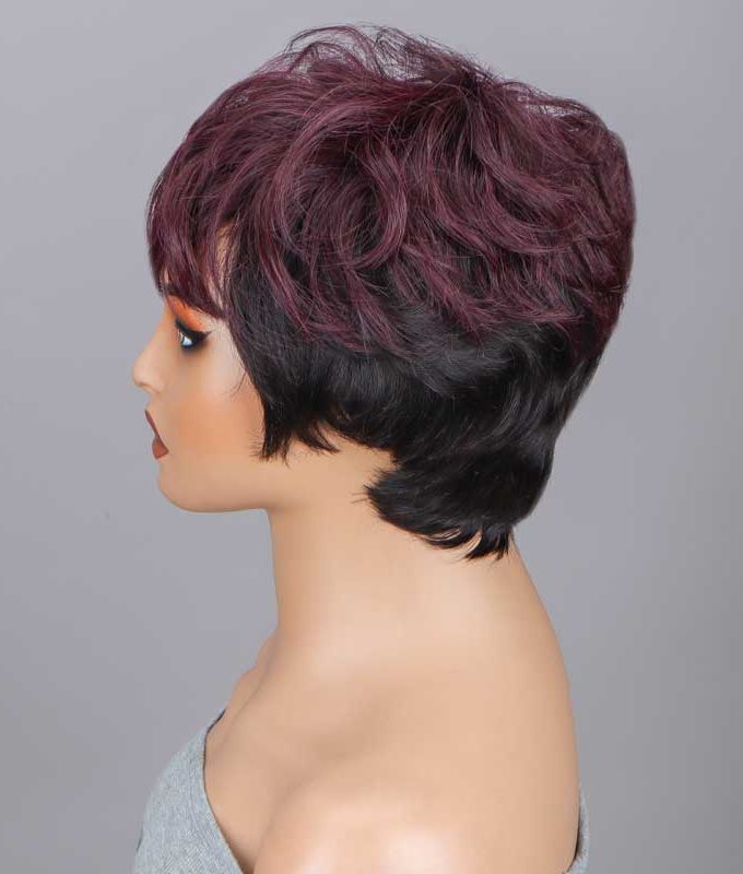 Black And Burgundy Short Natural Wave Layered Pixie Cut Wig No-Lace Human Hair Glueless Wigs