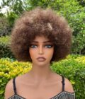 Short Highlight Fluffy Afro Kinky Curly Wig With Bangs Human Hair P4/27 Ombre Glueless Wig
