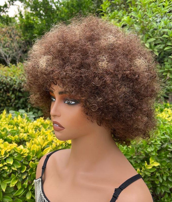Short Highlight Fluffy Afro Kinky Curly Wig With Bangs Human Hair P4/27 Ombre Glueless Wig
