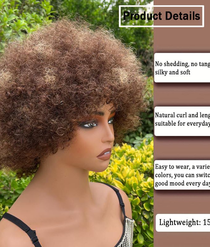 Short Highlight Fluffy Afro Kinky Curly Wig With Bangs Human Hair P4/27 Ombre Glueless Wig