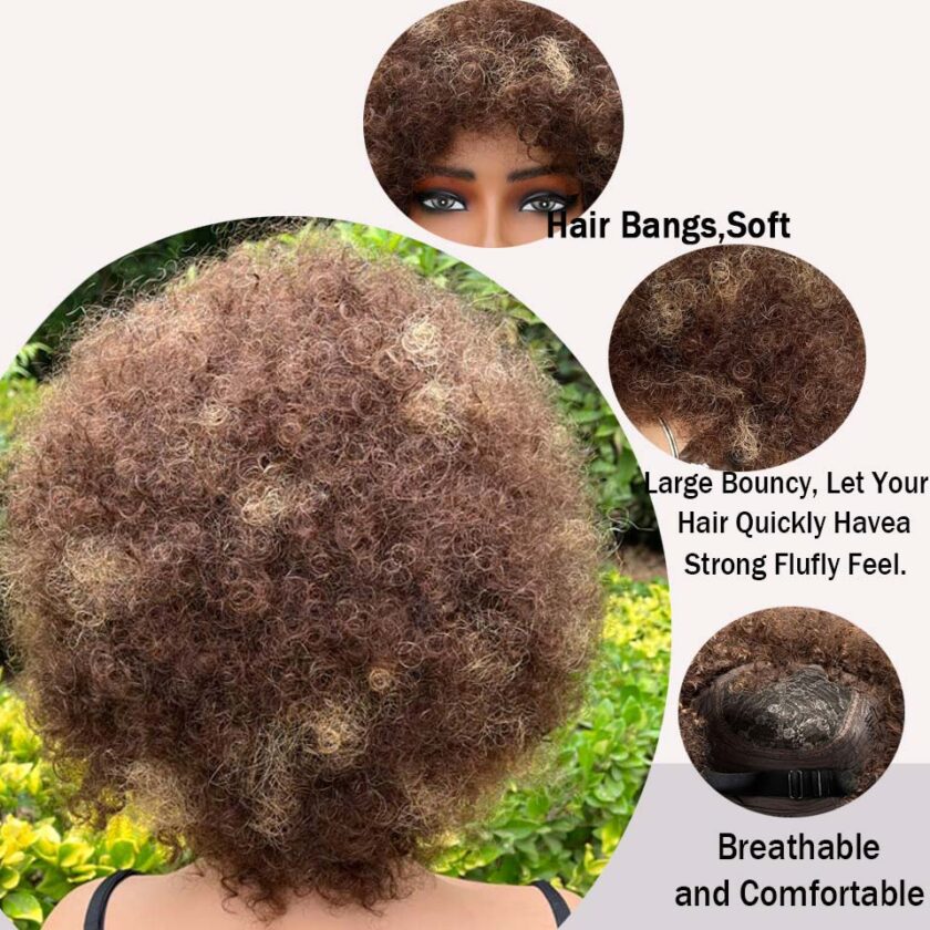 Short Highlight Fluffy Afro Kinky Curly Wig With Bangs Human Hair P4/27 Ombre Glueless Wig - Image 5