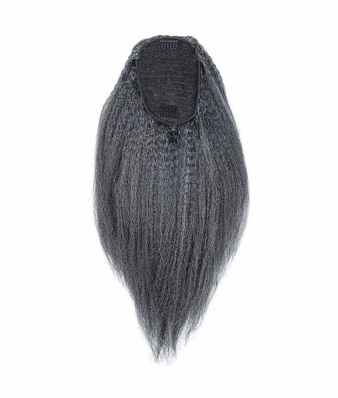 Short Gray Kinky Straight Drawstring Ponytail Salt and Pepper Blowout Yaki Clip In Ponytails