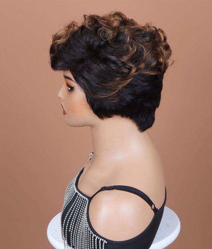 Two-Toned Edgy Pixie Haircut With Brown Highlight Layers Natural Wave Human Hair Wear Go Glueless Wig