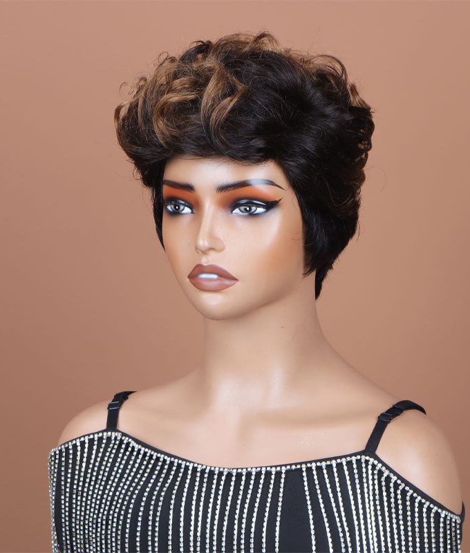 Two-Toned Edgy Pixie Haircut With Brown Highlight Layers Natural Wave Human Hair Wear Go Glueless Wig
