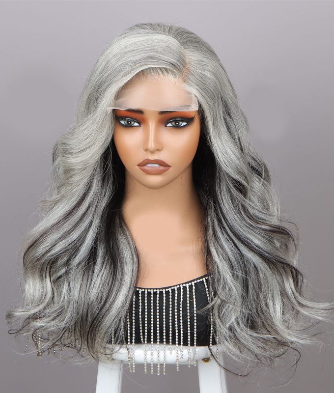 US DOMESTIC SHIPPING |Attractive Silver/Black Highlights Salt And Pepper Wig Real Human Hair Body Wave 5x5 HD Lace Wigs