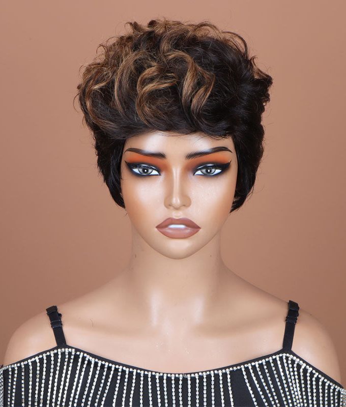 Two-Toned Edgy Pixie Haircut With Brown Highlight Layers Natural Wave Human Hair Wear Go Glueless Wig