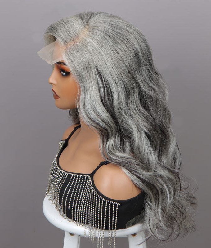 US DOMESTIC SHIPPING |Attractive Silver/Black Highlights Salt And Pepper Wig Real Human Hair Body Wave 5x5 HD Lace Wigs