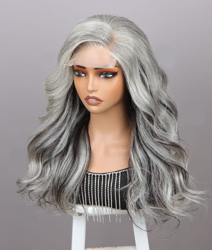 US DOMESTIC SHIPPING |Attractive Silver/Black Highlights Salt And Pepper Wig Real Human Hair Body Wave 5x5 HD Lace Wigs