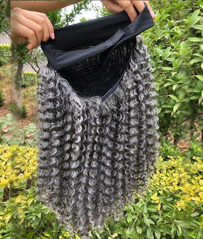 Silver Gray Jerry Curly Human Hair Headband Wig For Black Women Salt And Pepper Color