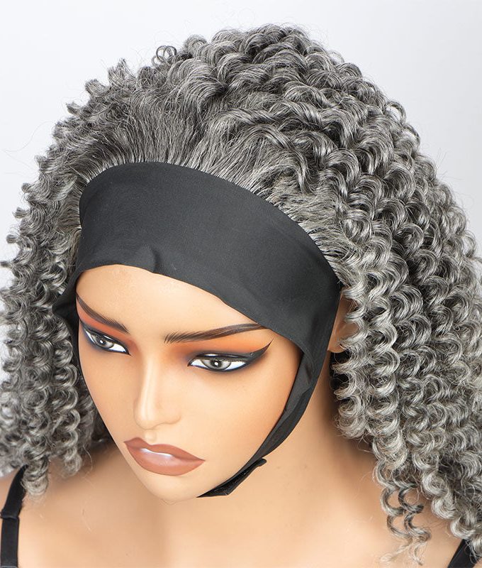 Silver Gray Jerry Curly Human Hair Headband Wig For Black Women Salt And Pepper Color