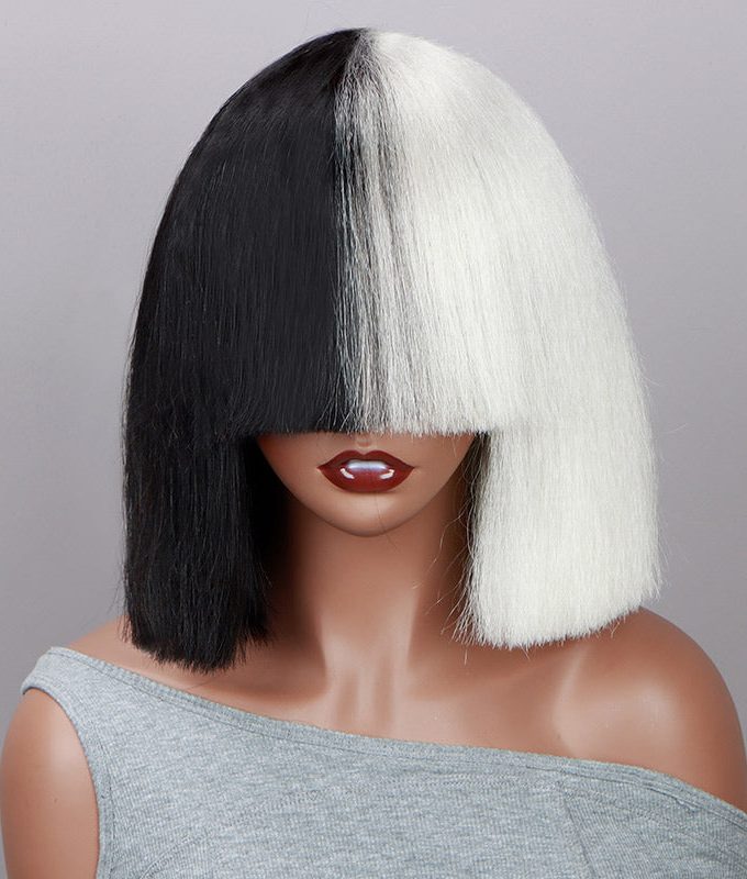 Costume Wig Black White Straight Hair Blunt Cut Bob Wig With Bangs Real Human Hair Wear and Go Wigs For Halloween