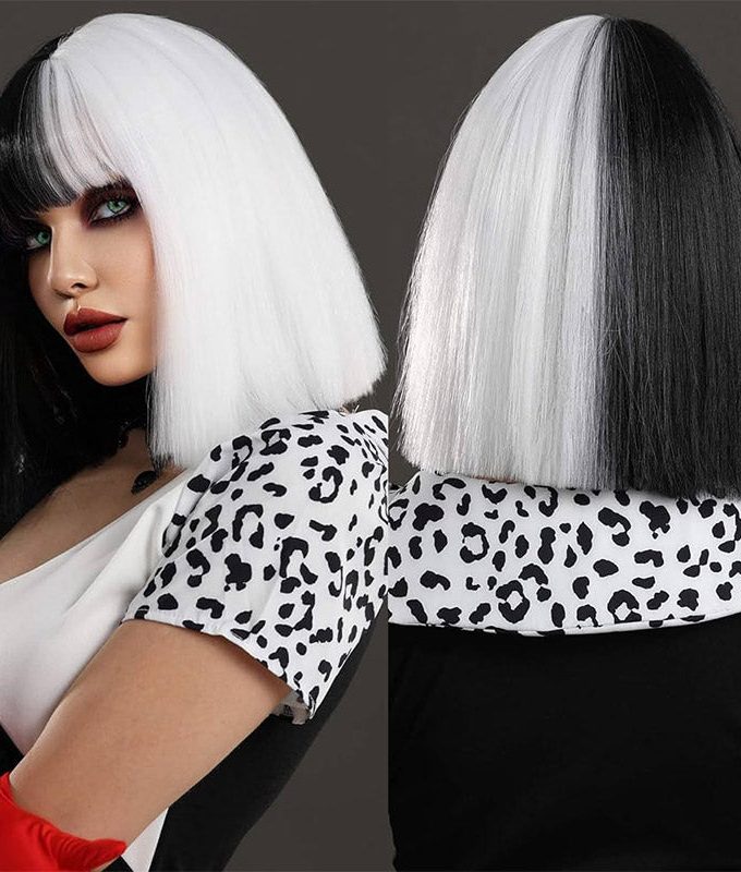 Costume Wig Black White Straight Hair Blunt Cut Bob Wig With Bangs Real Human Hair Wear and Go Wigs For Halloween
