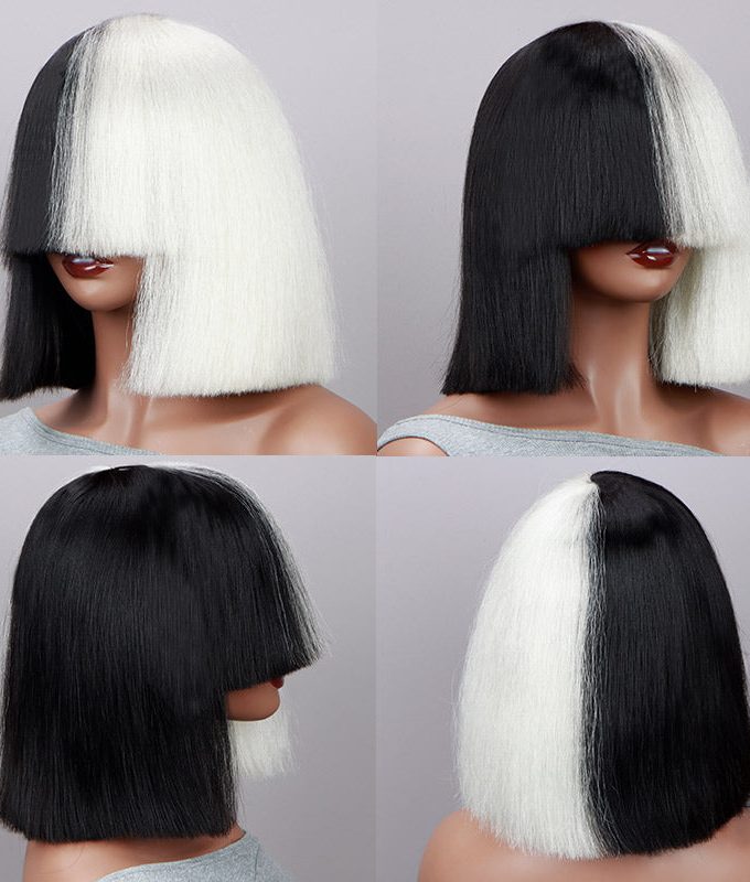 Costume Wig Black White Straight Hair Blunt Cut Bob Wig With Bangs Real Human Hair Wear and Go Wigs For Halloween
