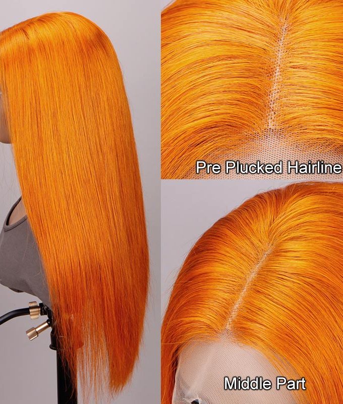 Ginger Orange Wig Silky Straight Human Hair 13x4 HD Lace Full Frontal Wig With Perfect Bleached Knots