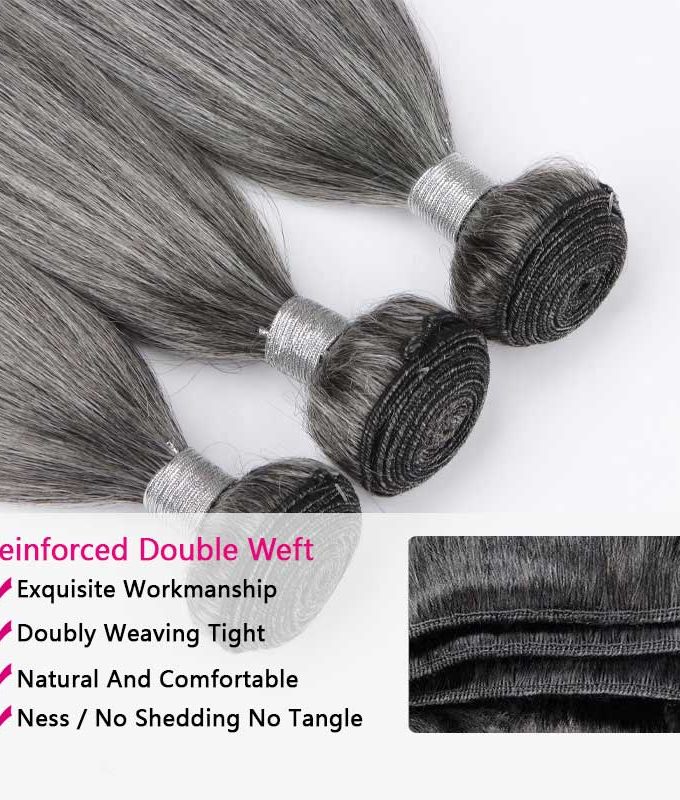 Salt and Pepper Straight Hair Bundles 1/2/3/4 Pcs Natural Grey Hair Extensions 100% Human Hair