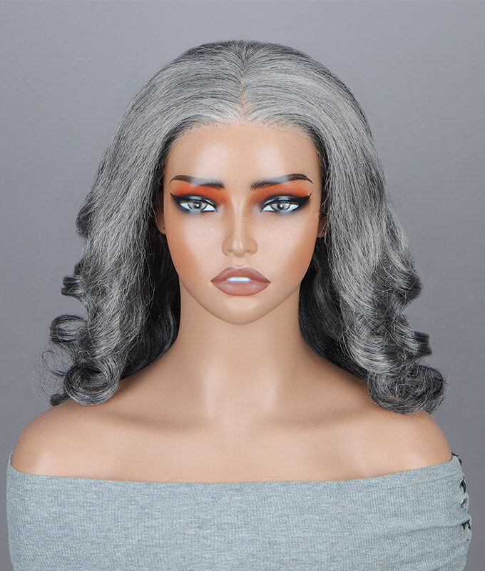 Female Seniors Salt And Pepper Loose Wave Pre-cut Lace 9x6 Glueless Wigs
