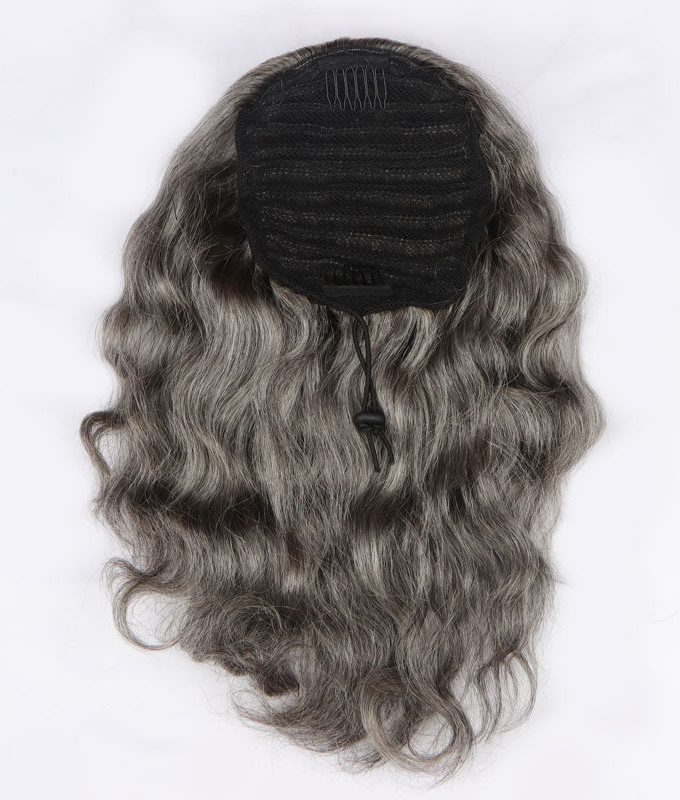 Salt And Pepper Human Hair Ponytail Extensions Silver Gray Body Wave Drawstring Pony Tail Hair