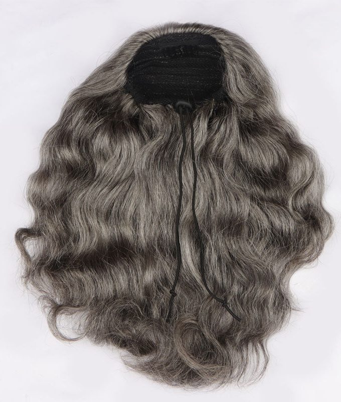 Salt And Pepper Human Hair Ponytail Extensions Silver Gray Body Wave Drawstring Pony Tail Hair
