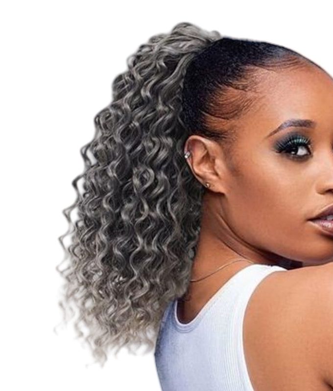 Silver Gray Deep Wave Drawstring Ponytail Human Hair Extensions
