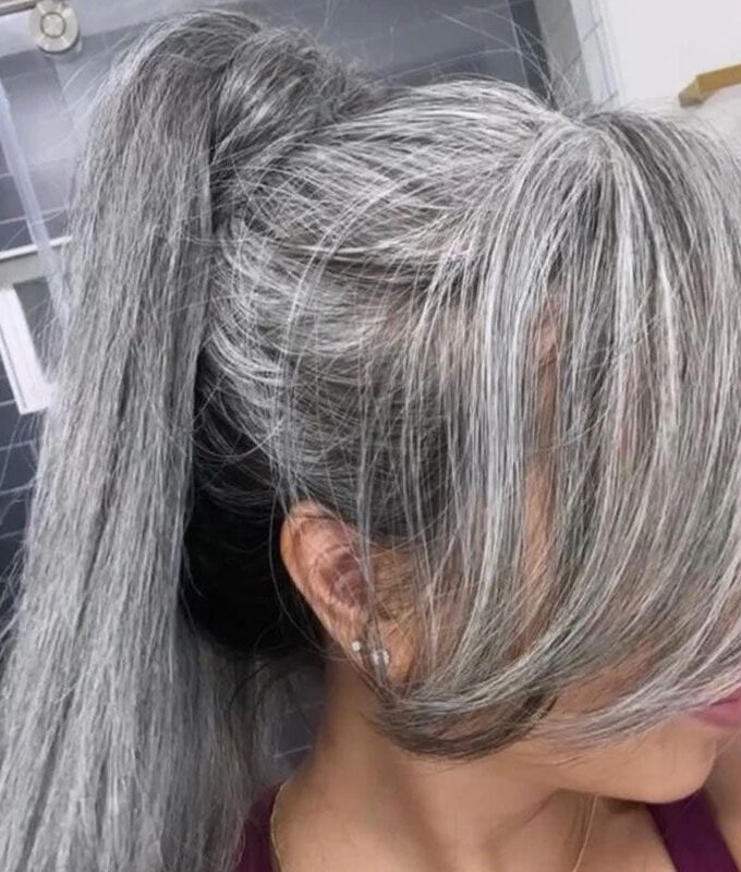 Timeless Silver Gray Drawstring Ponytail Hair Salt And Pepper Straight Human Hair Extensions