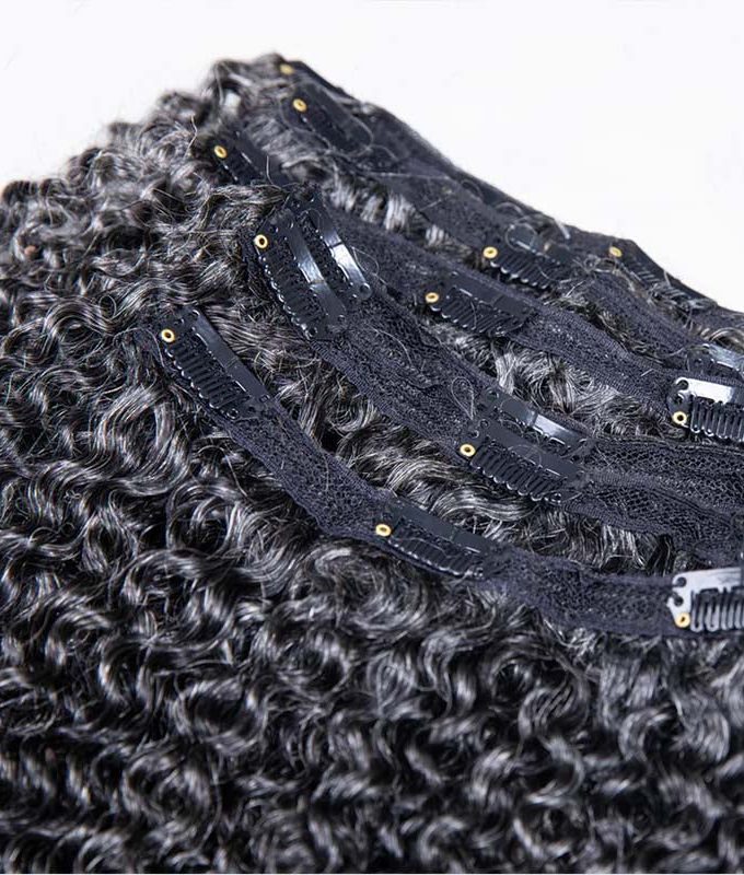 Silver Gray Kinky Curly Human Hair Clip In Hair Extensions 6 Pieces/Set Medium Salt And Pepper