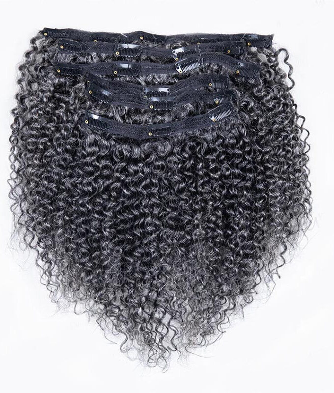 Silver Gray Kinky Curly Human Hair Clip In Hair Extensions 6 Pieces/Set Medium Salt And Pepper
