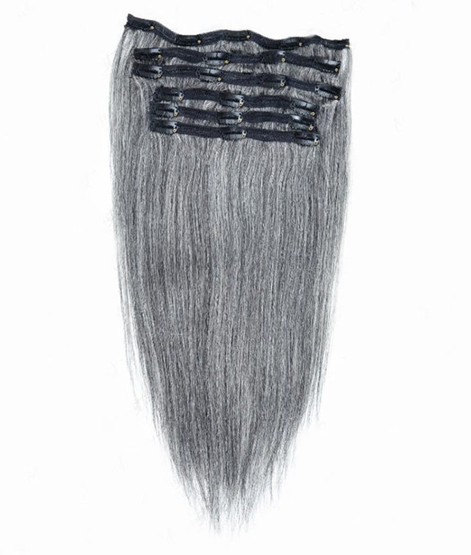 Salt And Pepper Straight Hair Clip In Hair Extensions Silver Gray Human Hair Extensions