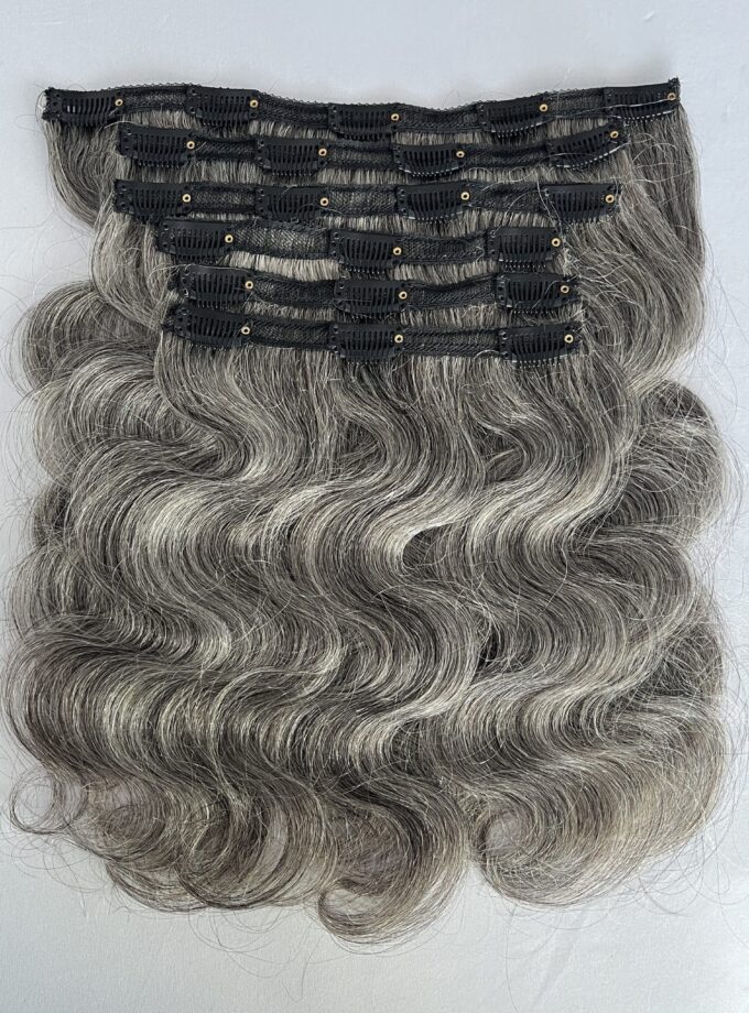 Silver Gray Human Hair Body Wave Hair Clip In Hair Extensions 6 Pieces/Set