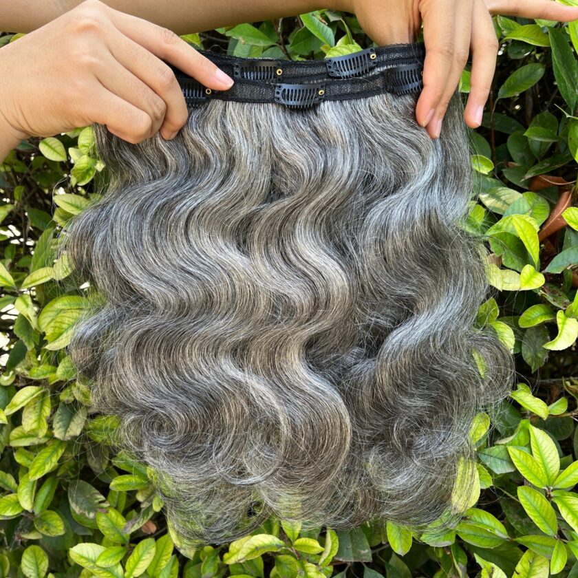 Silver Gray Human Hair Body Wave Hair Clip In Hair Extensions 6 Pieces/Set - Image 3