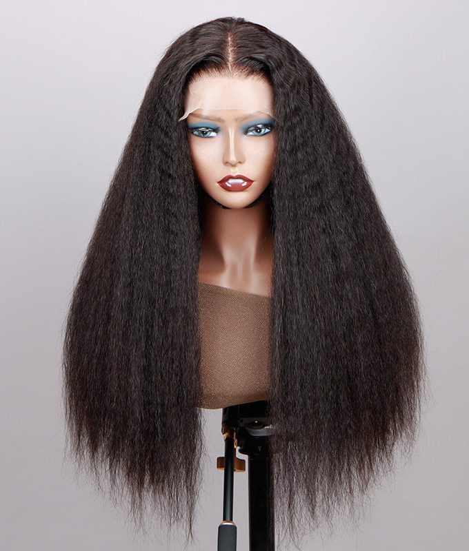 Long Kinky Straight 5x5 HD Lace Closure Wigs Real Virgin Human Hair Mid Part Glueless Wig