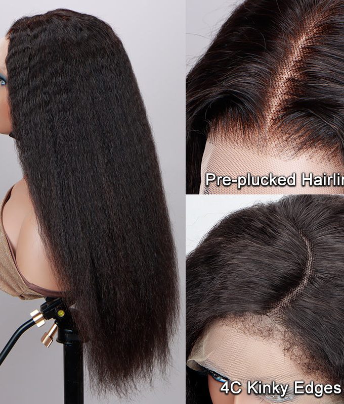4C Edges Kinky Straight 13x4.5 HD Lace Full Frontal Wig With Pre Plucked Hairline 180% Density