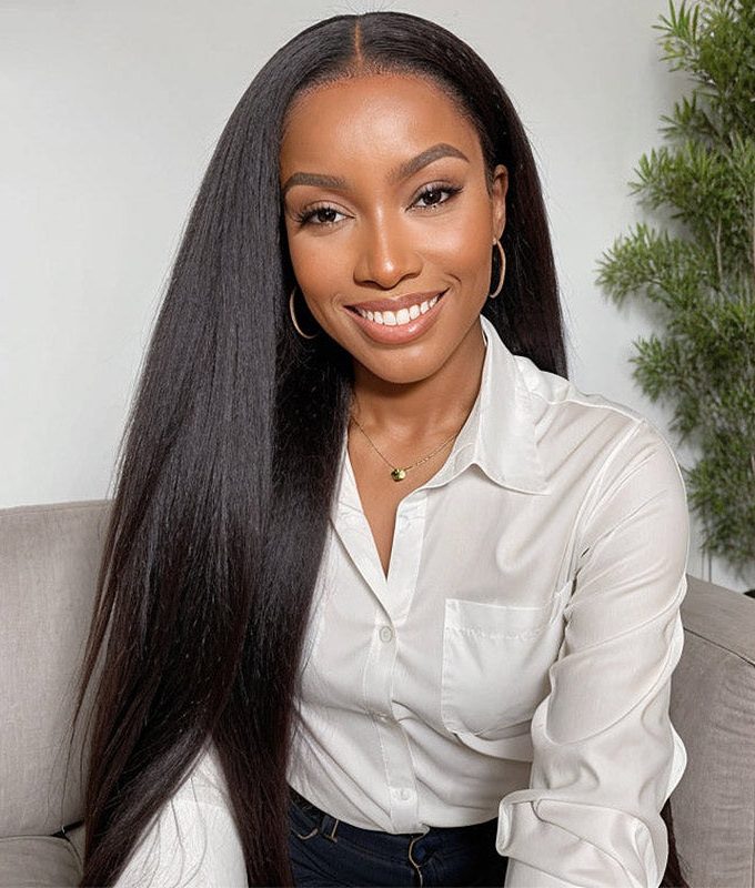 Long Kinky Straight 5x5 HD Lace Closure Wigs Real Virgin Human Hair Mid Part Glueless Wig