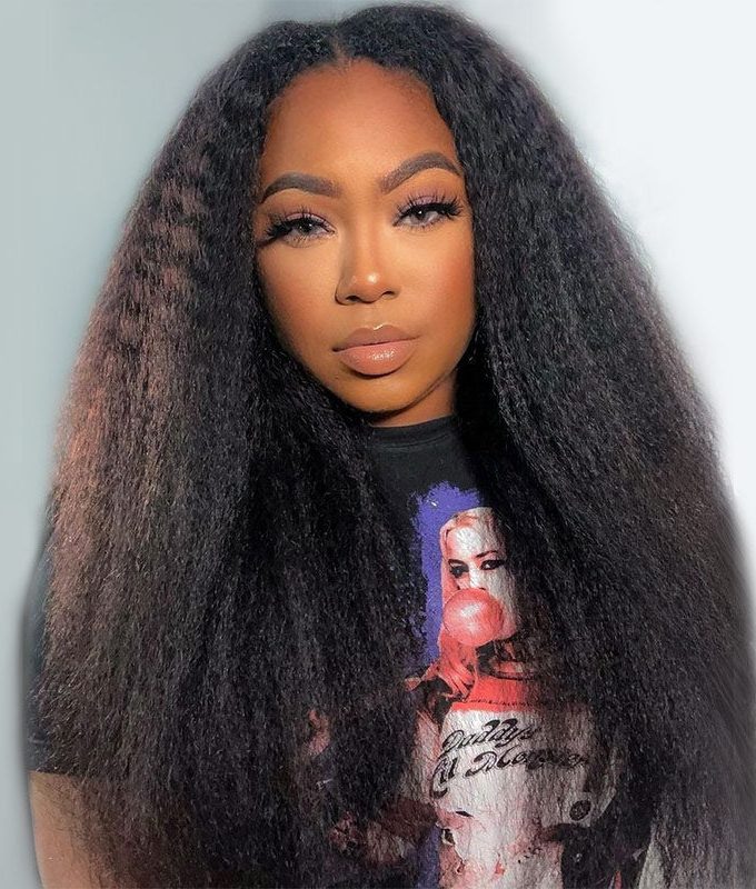 Long Kinky Straight 5x5 HD Lace Closure Wigs Real Virgin Human Hair Mid Part Glueless Wig