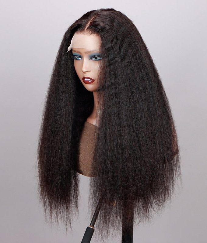 Long Kinky Straight 5x5 HD Lace Closure Wigs Real Virgin Human Hair Mid Part Glueless Wig