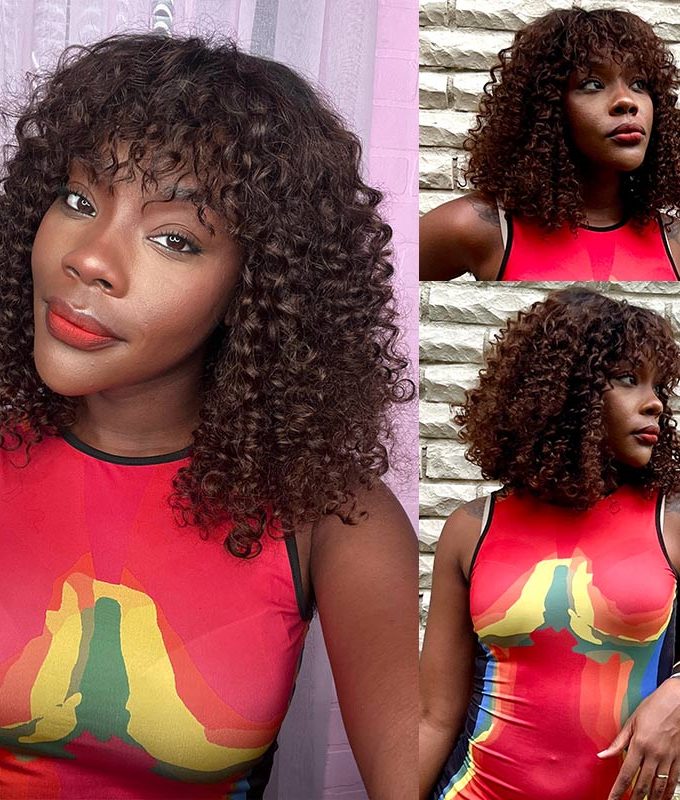 Ombre Curly Bob Wig With Bangs 4x4 HD Lace Wig Brown Hair With Black Roots 180 Density