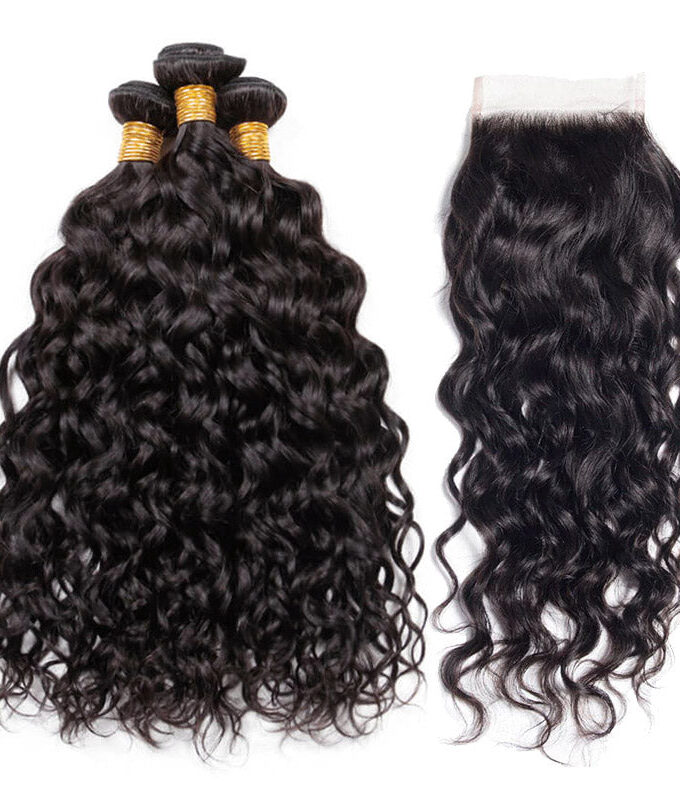 10A Grade Water Wave Hair 3 Bundles With 4x4 Lace Closure Brazilian Human Hair Weave