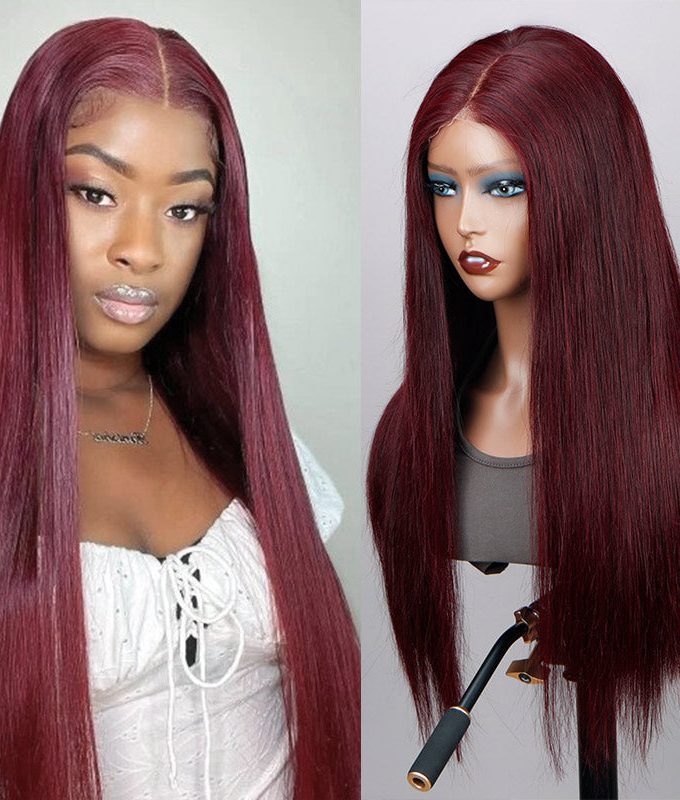 99j Dark Burgundy Straight Wig Real Human Hair 5x5 HD Lace Closure Wigs Mid Part Long Wig