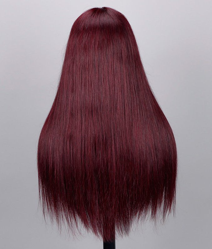 99j Dark Burgundy Straight Wig Real Human Hair 5x5 HD Lace Closure Wigs Mid Part Long Wig