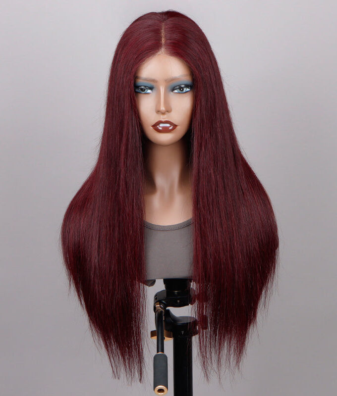 99j Dark Burgundy Straight Wig Real Human Hair 5x5 HD Lace Closure Wigs Mid Part Long Wig