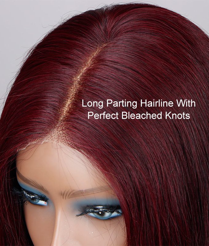 99j Dark Burgundy Straight Wig Real Human Hair 5x5 HD Lace Closure Wigs Mid Part Long Wig