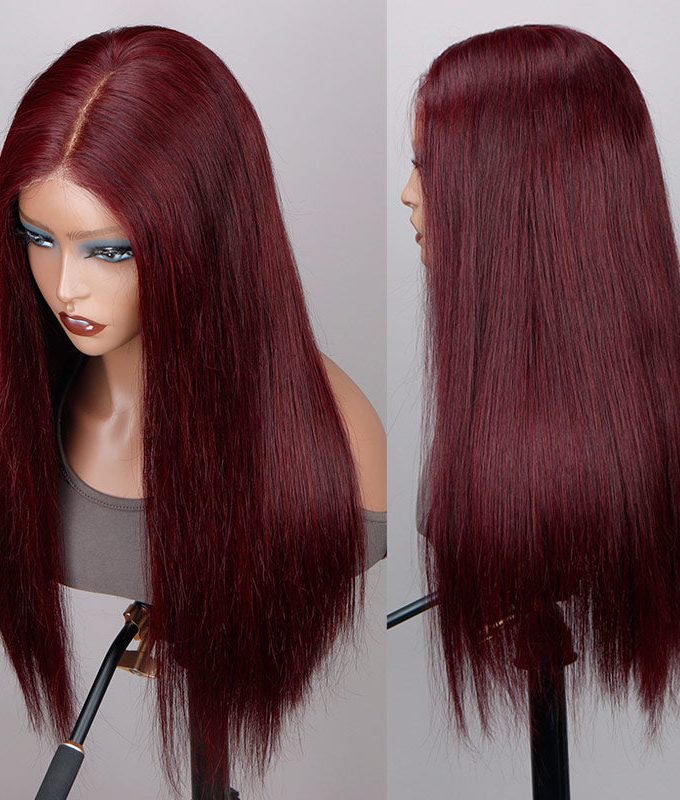 99j Dark Burgundy Straight Wig Real Human Hair 5x5 HD Lace Closure Wigs Mid Part Long Wig